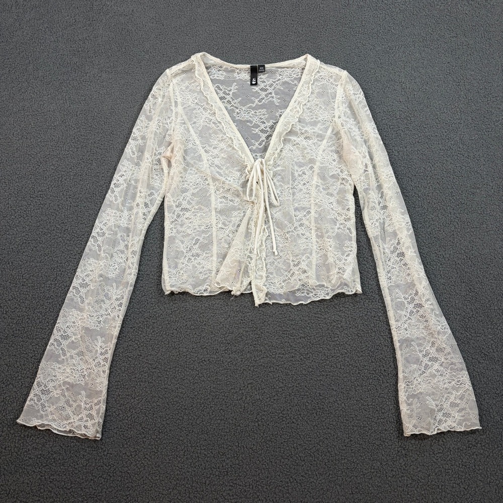 Garage Lace Top Women Medium Cream Tie Front Long Flare Sleeve Sheer Floral 8960
